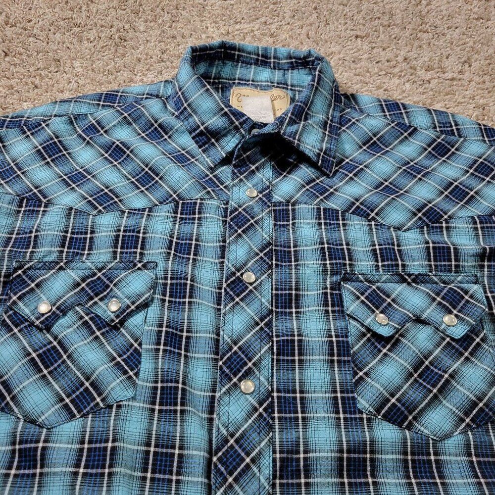 Wrangler Pearl Snap Shirt Mens 2XL Blue Cowboy Western Rodeo Plaid Long Sleeve - Picture 2 of 9